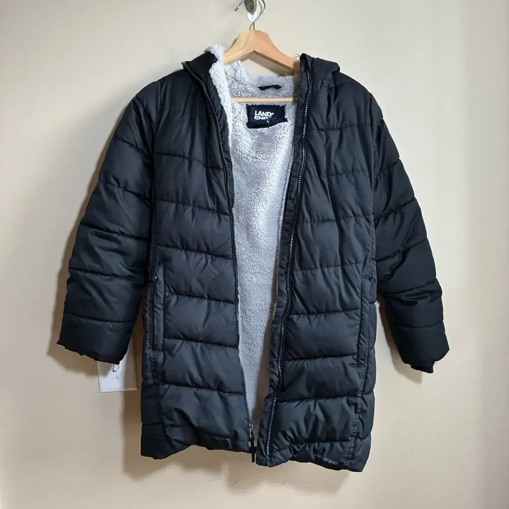 Lands' End faux fur lined black puffer winter jacket kids' size large 10-12